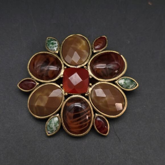 Brown Fall Tone Floral Brooch Acrylic Gold Tone Costume JEwelry - Picture 1 of 5